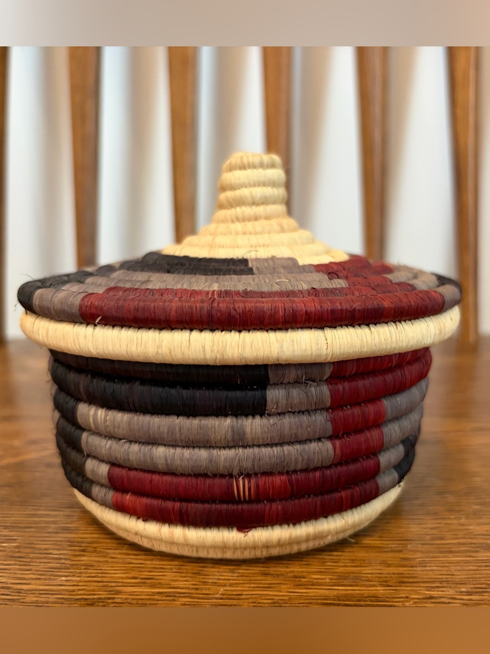 Handmade African Coiled Lidded Basket - Vintage Tribal Decor - Red & Grey